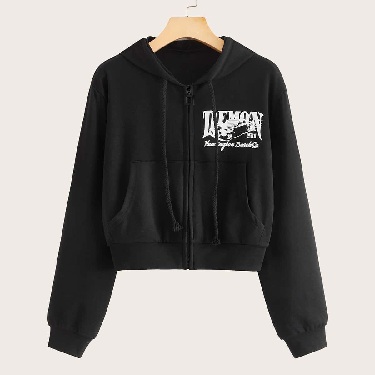 

Letter & Car Print Drawstring Zip-up Hoodie, Black