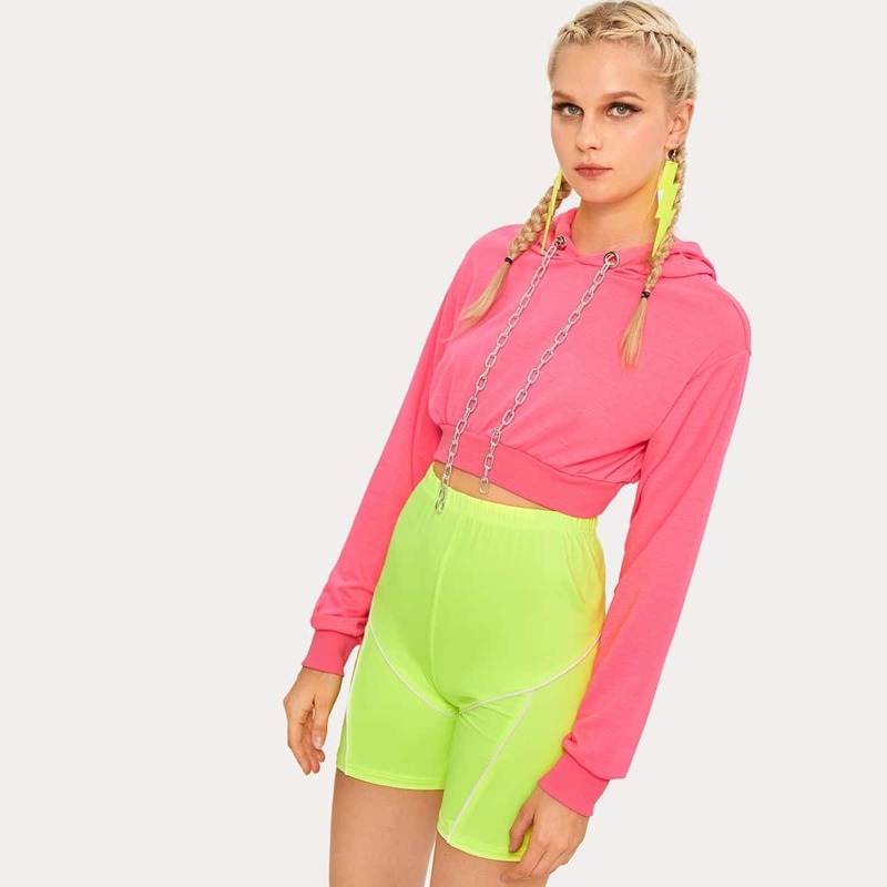 

Solid Chain Decoration Crop Hoodie, Pink bright