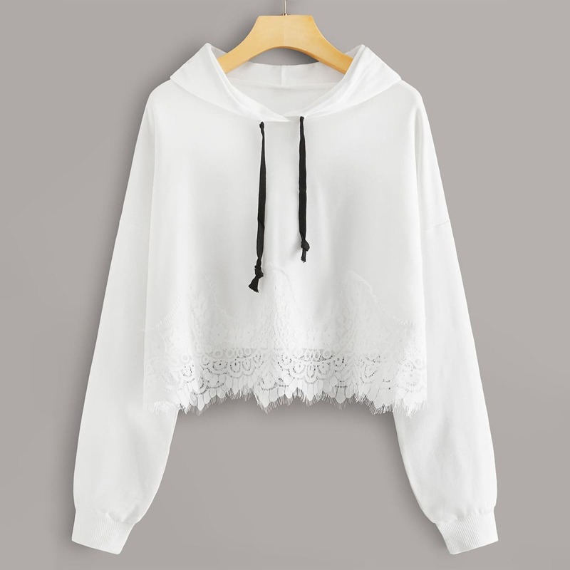 

Contrast Lace Drawstring Crop Hoodie, White