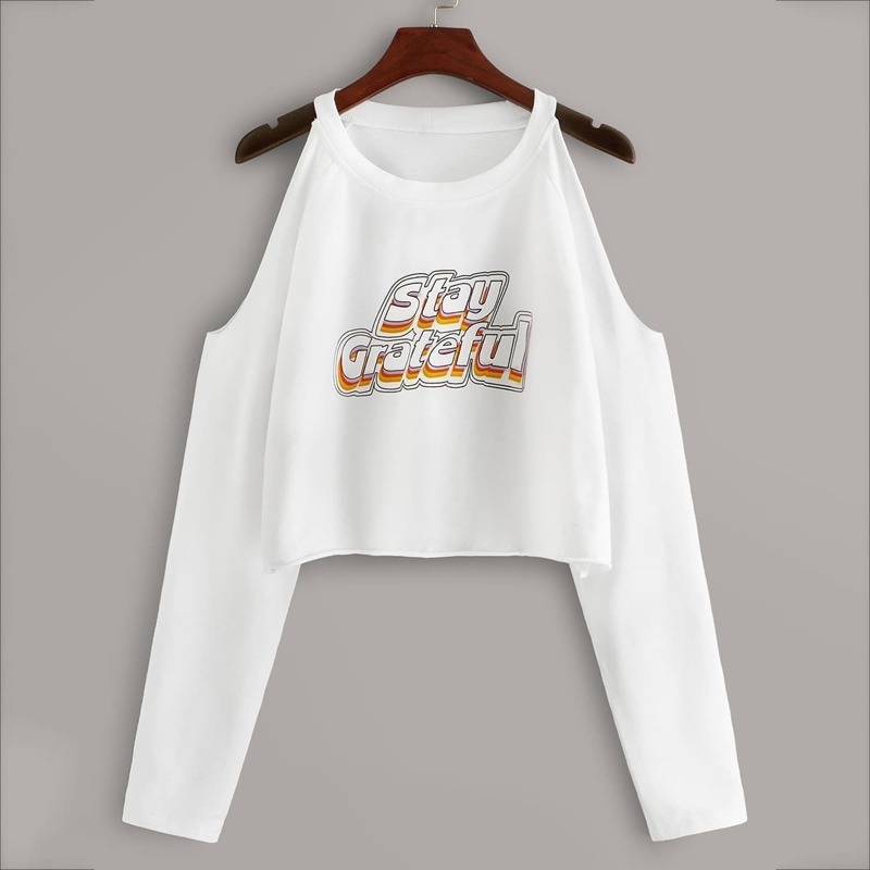 

Letter Print Cold Shoulder Crop Sweatshirt, White
