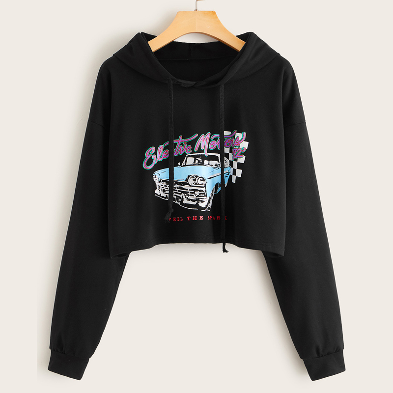 

Letter & Car Print Drawstring Crop Hoodie, Black