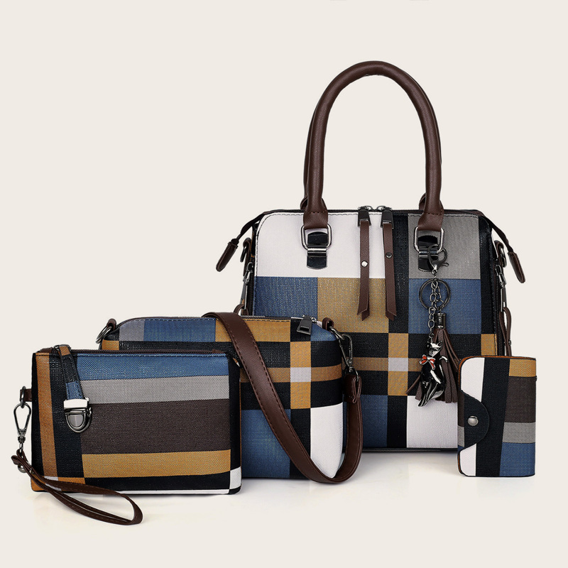 

Tassel Decor Plaid Satchel Bag With Purse 4pcs, Multicolor