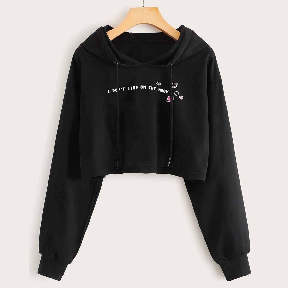

Slogan Print Drawstring Crop Hoodie, Black