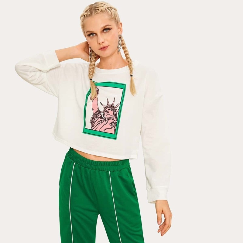 

Statue Of Liberty Print Drop Shoulder Sweatshirt, White