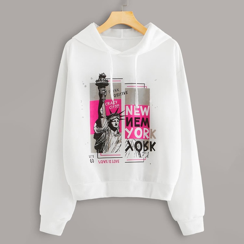 

Letter & Statue Of Liberty Print Drawstring Hoodie, White