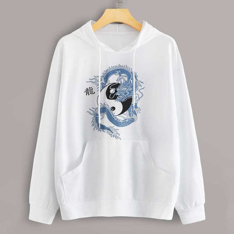 

Dragon Print Kangaroo Pocket Drawstring Hoodie, White