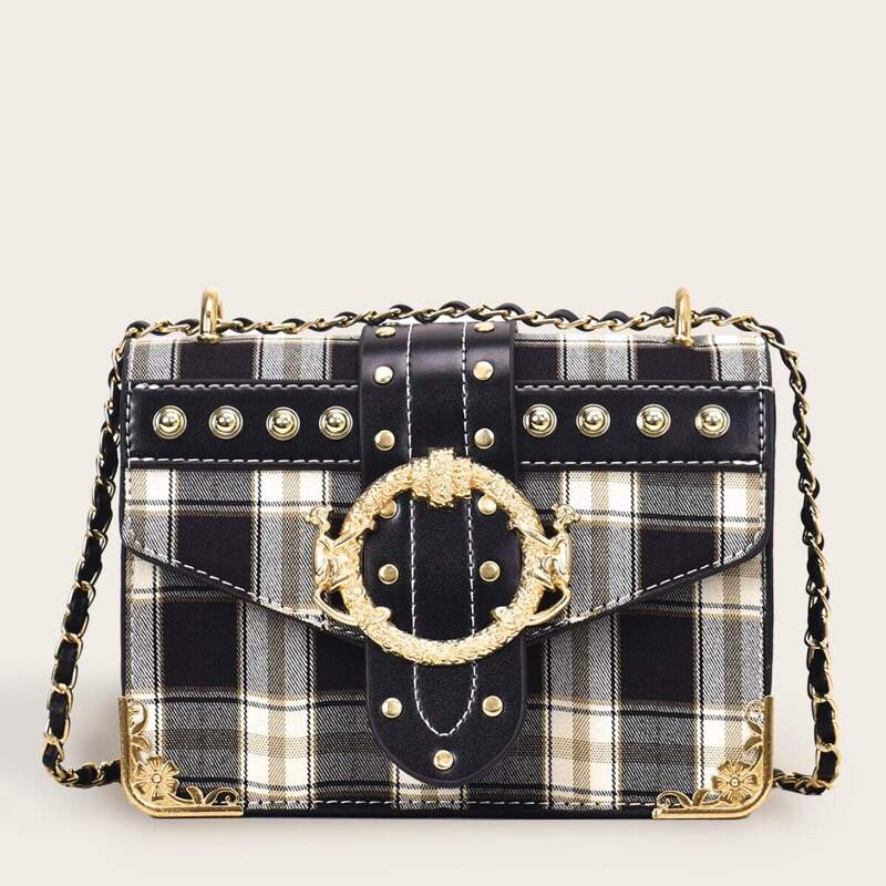 

Buckle Decor Plaid Chain Bag, Multicolor