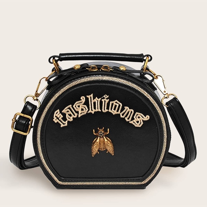 

Letter Embroidered Satchel Bag, Black