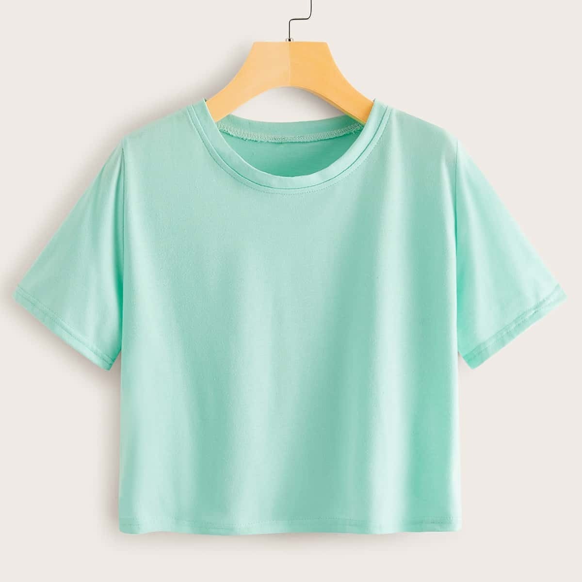 

Solid Round Neck Short Sleeve Tee, Green pastel