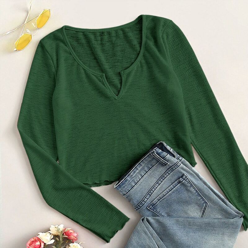 

Solid Notch Neck Crop Tee, Green