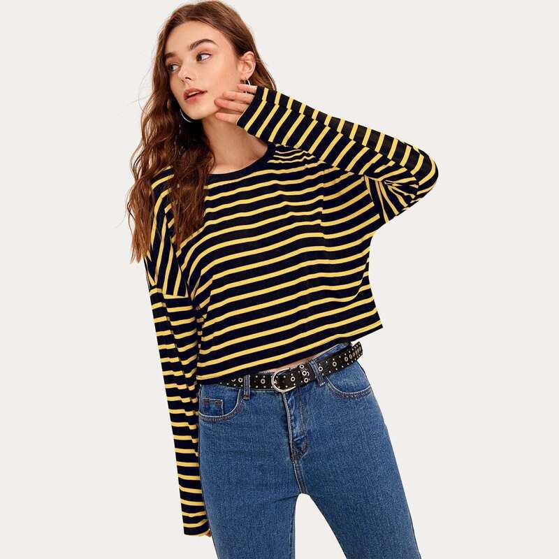 

Striped Drop Shoulder Long Sleeve Tee, Multicolor
