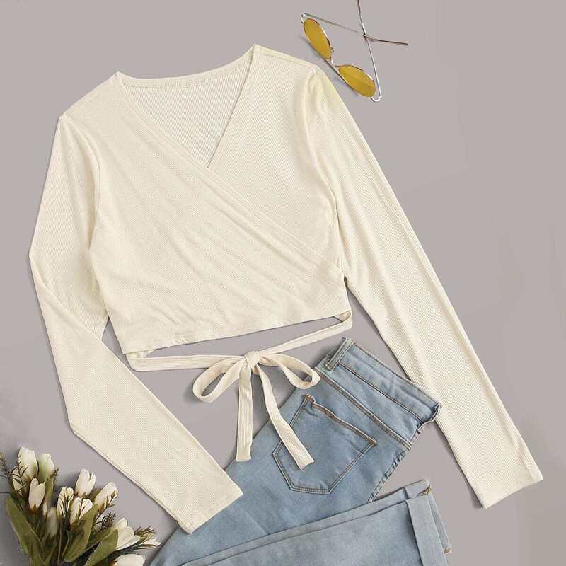 

Surplice Front Knot Detail Crop Ribbed Tee, Beige
