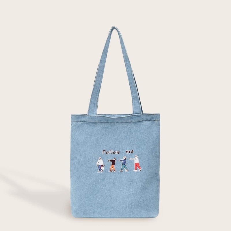 

Cartoon Print Denim Shopper Bag, Blue