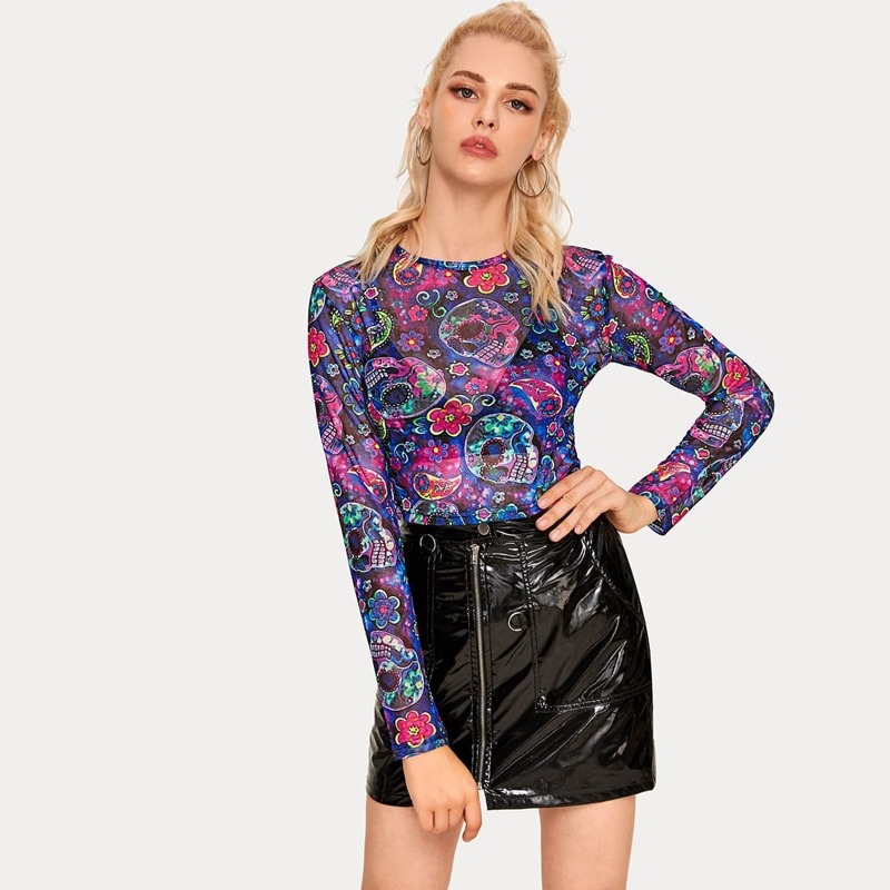 

Skull Print Sheer Mesh Top, Multicolor
