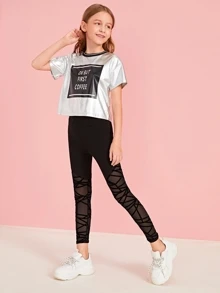 SHEIN Girls Geo Mesh Panel Leggings - Black - View 3