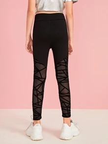 SHEIN Girls Geo Mesh Panel Leggings - Black - View 2