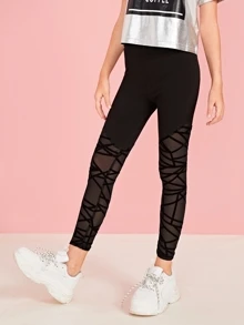 SHEIN Girls Geo Mesh Panel Leggings - Black - View 4