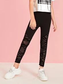 SHEIN Girls Geo Mesh Panel Leggings - Black - View 1