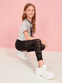 SHEIN Girls Geo Mesh Panel Leggings - Black - View 5