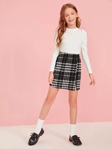 SHEIN Leap Crew Camiseta Tween De Manga Abombada Y Costilla Tejida - Blanco - Ver 3