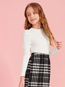 SHEIN Leap Crew Camiseta Tween De Manga Abombada Y Costilla Tejida - Blanco - Ver 1