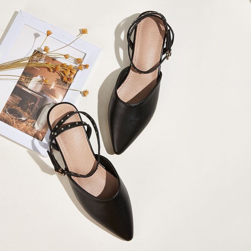 

Point Toe Ankle Strap Flats, Black
