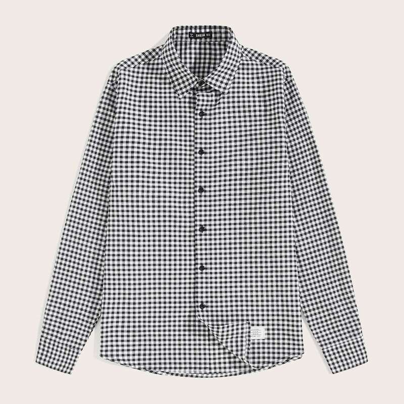 

Guys Patch Detail Gingham Shirt, Black and white