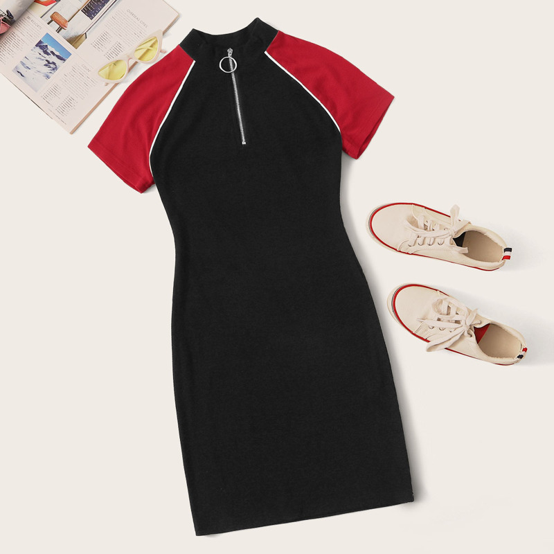 

Color-block Raglan Sleeve Zipper Bodycon Dress, Black