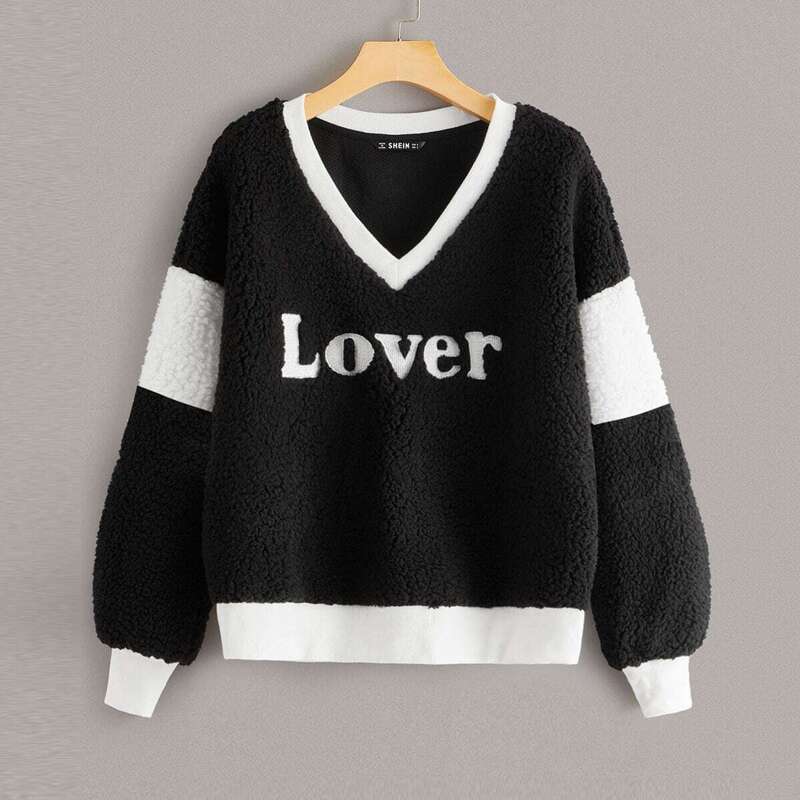 

Embroidered Letter Two Tone Teddy Pullover, Black