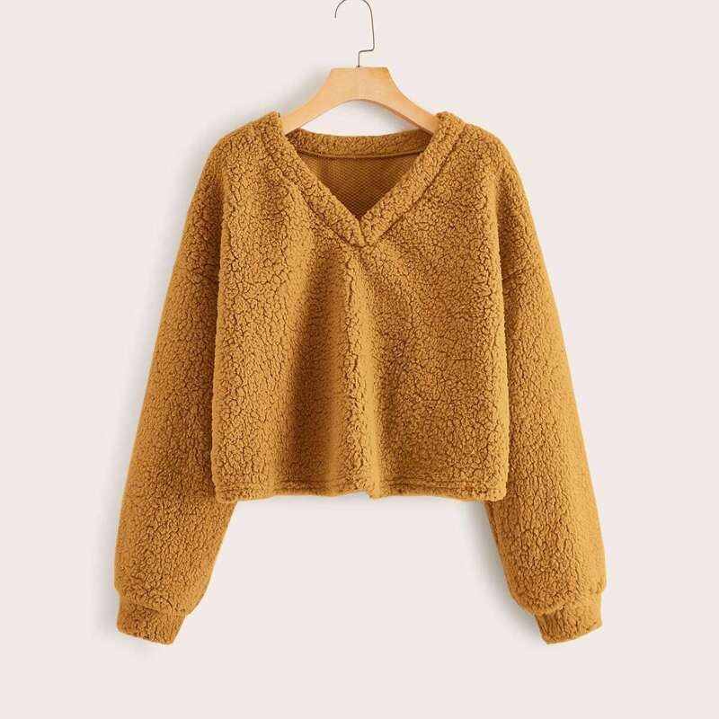 

V-neck Solid Teddy Pullover, Yellow