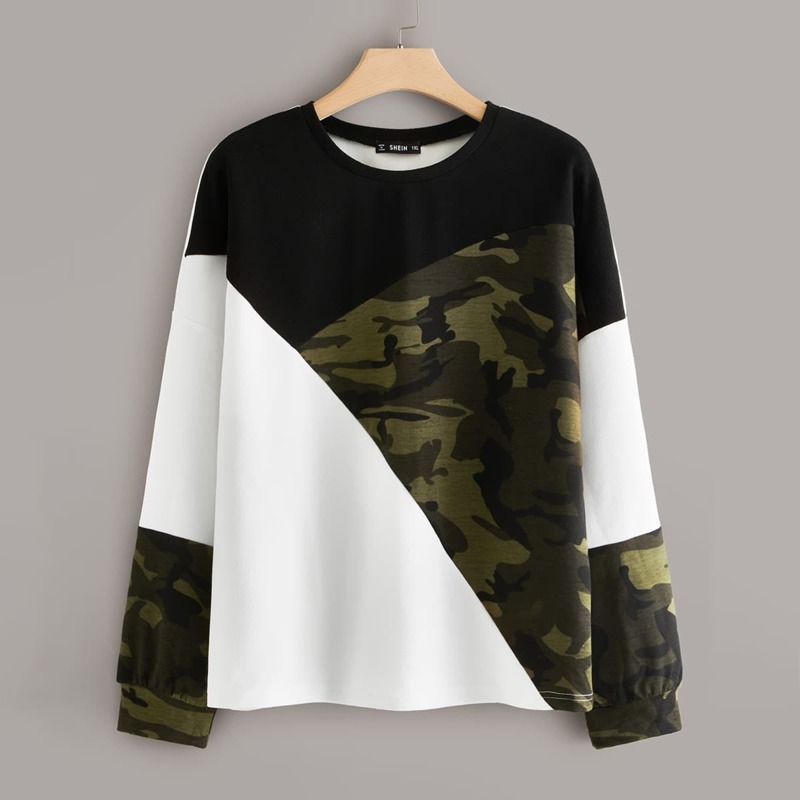 

Plus Camo Print Colorblock Sweatshirt, Multicolor