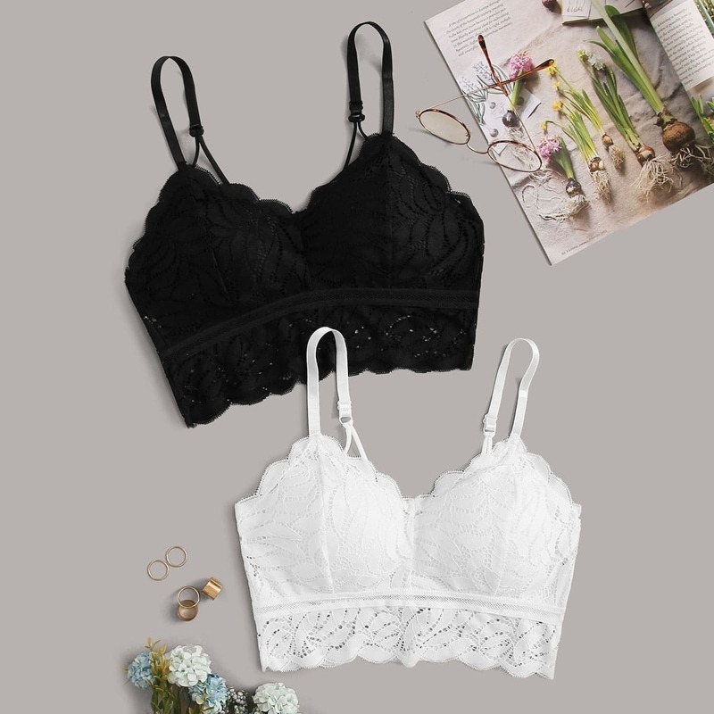 

Floral Lace Scalloped Trim Bra Set 2pack, Black and white