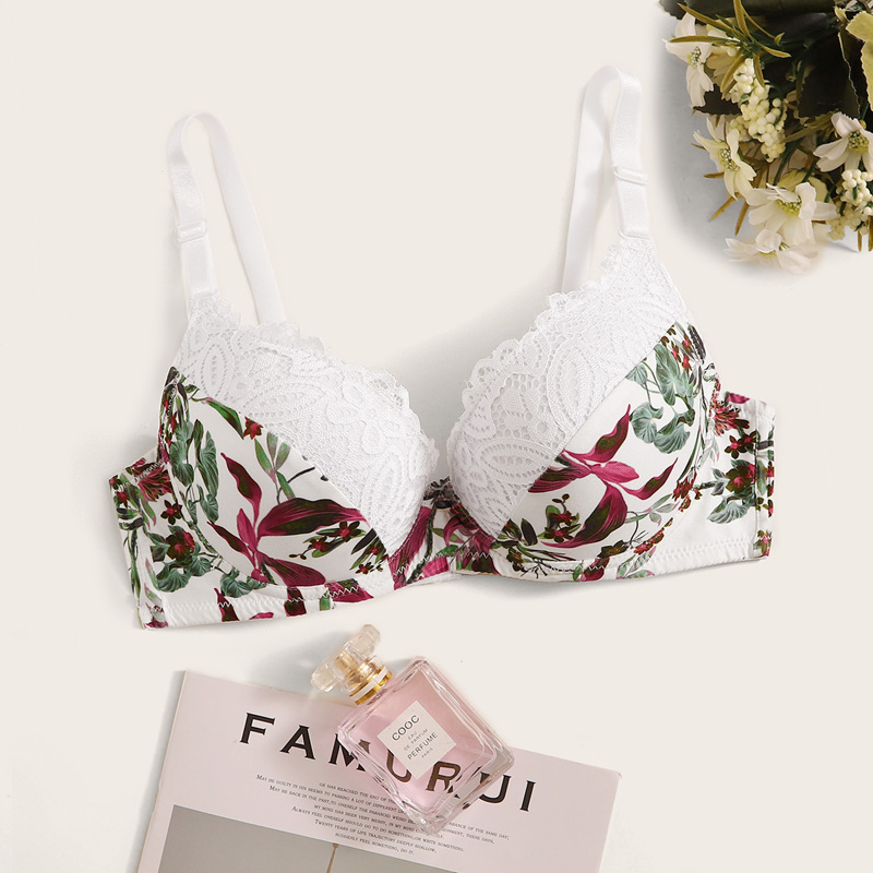 

Leaf Print Lace Trim Underwire Bra, Multicolor