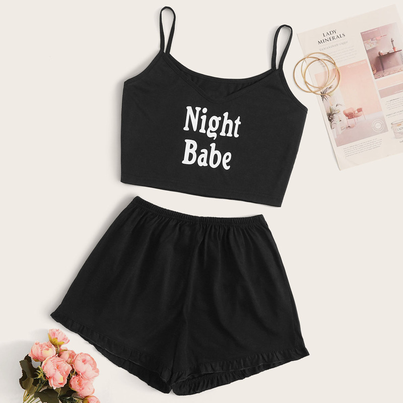 

Letter Print Cami Pajama Set, Black