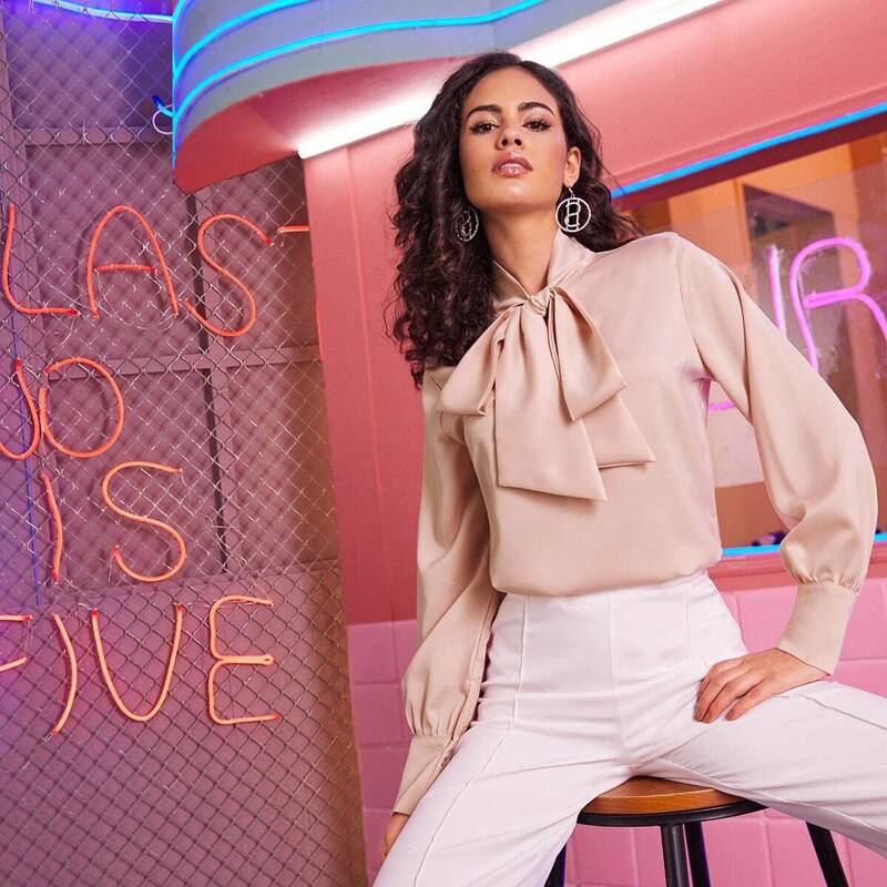 

Tie Neck Long Sleeve Satin Blouse, Baby pink