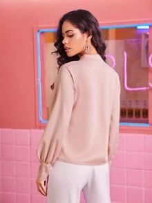Tie Neck Long Sleeve Satin Blouse - Baby Pink - View 2