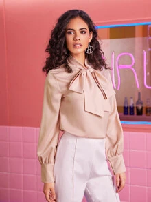 Tie Neck Long Sleeve Satin Blouse - Baby Pink - View 5