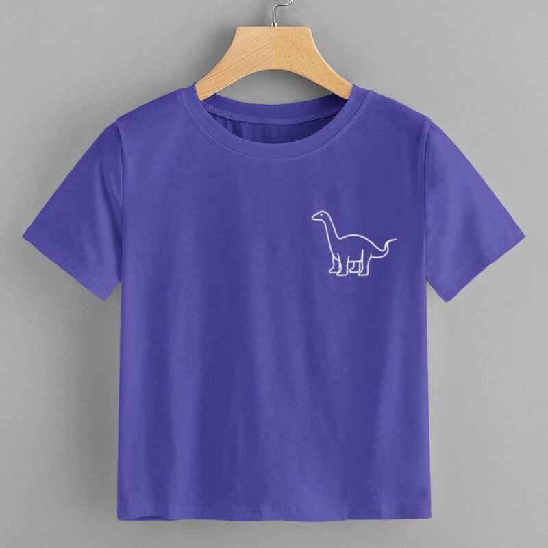 

Cartoon Dinosaur Print Round Neck Tee, Purple bright