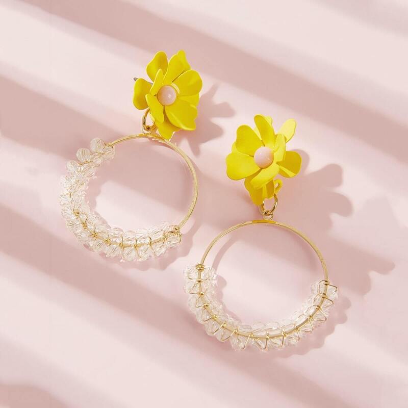 

Flower Decor Stone Wind Hoop Drop Earrings 1pair, Multicolor