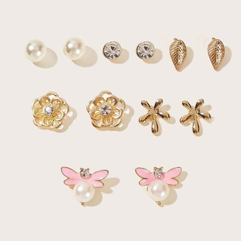 

Leaf & Faux Pearl Decor Stud Earrings 6pairs, Multicolor