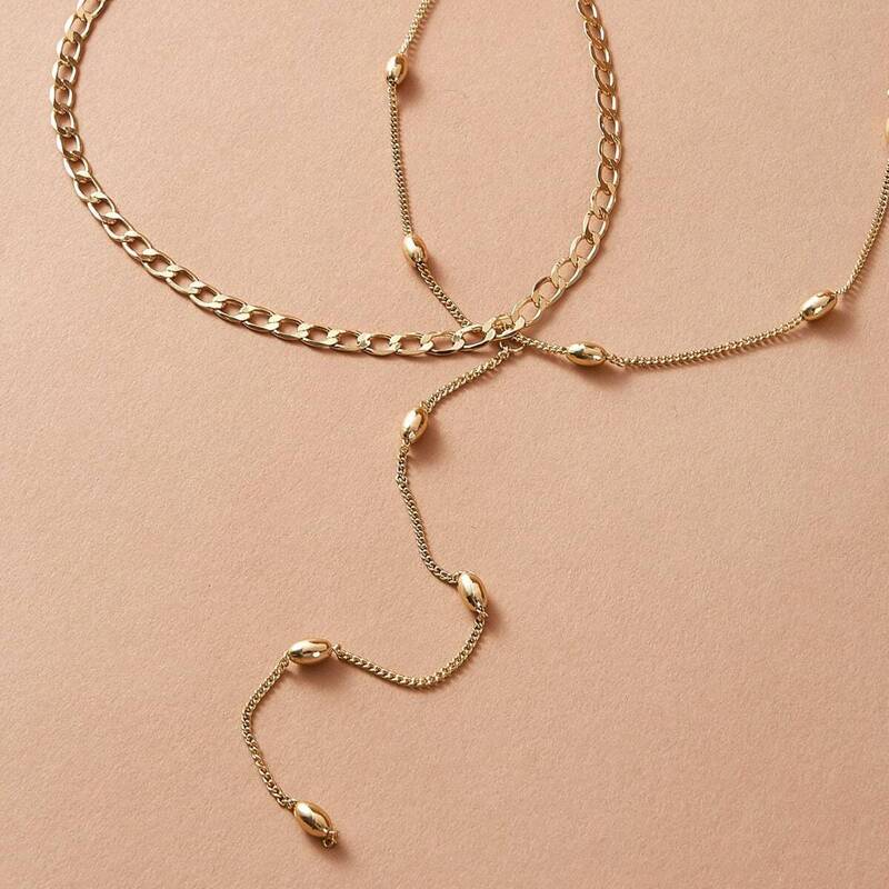 

Simple Chain & Lariat Necklace 2pcs, Gold