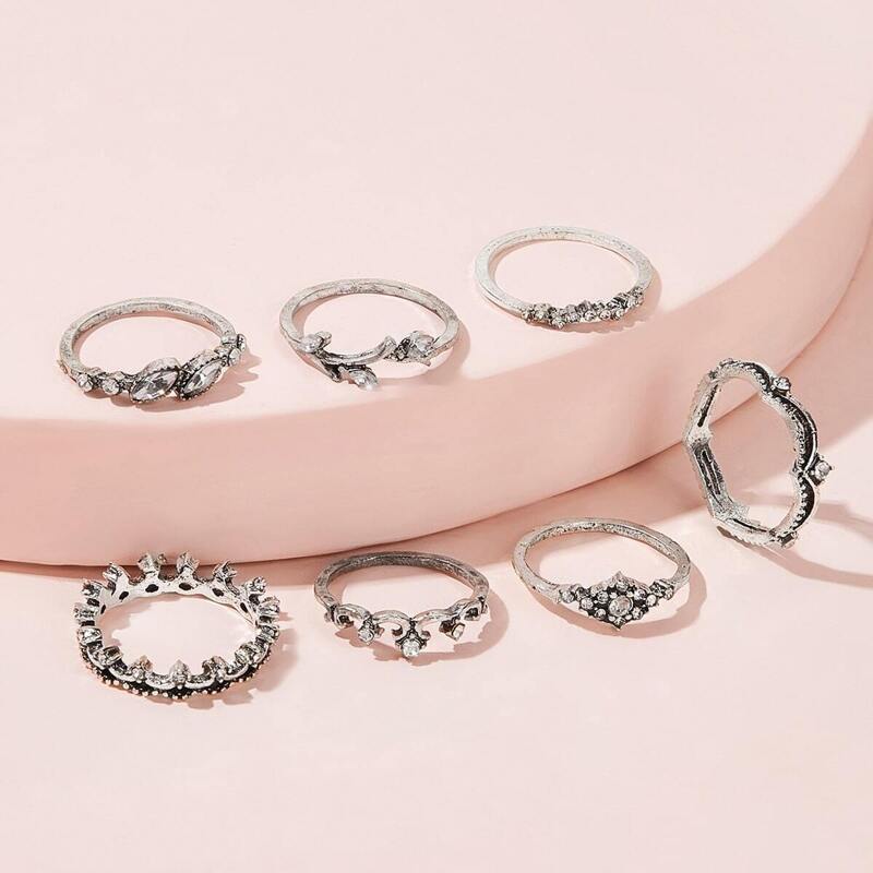 

Rhinestone Decor Ring 7pcs, Silver