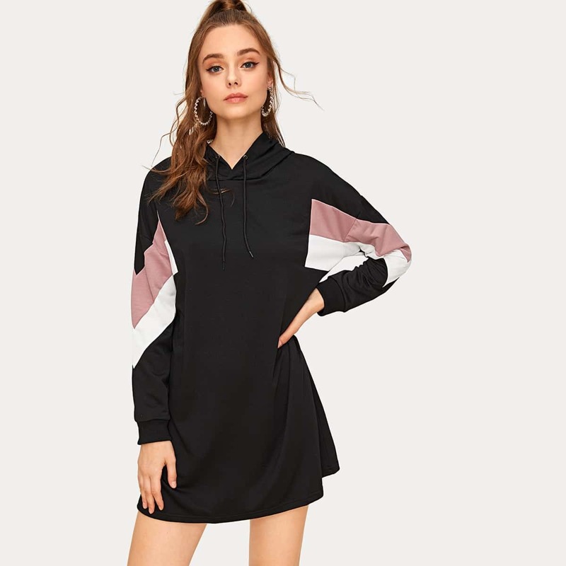 

Cut & Sew Hooded Sweatshirt Dress, Black