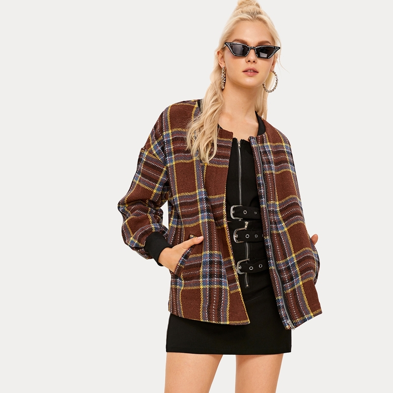 

Drop Shoulder Zip Up Plaid Jacket, Multicolor