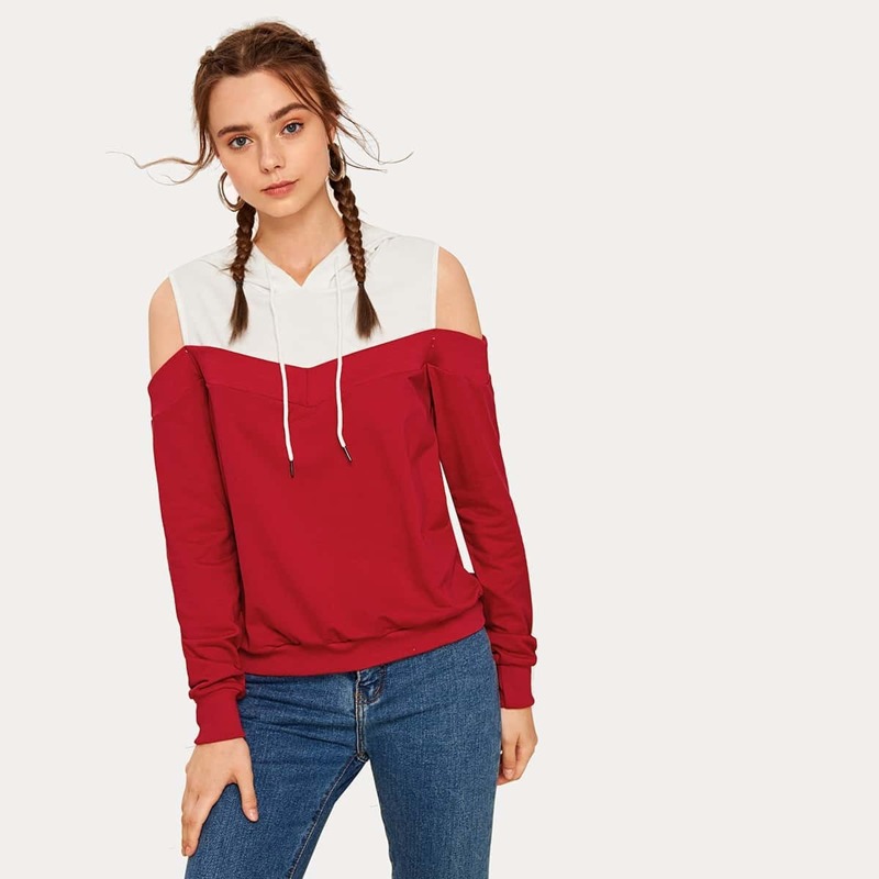 

Contrast Panel Cold Shoulder Drawstring Hoodie, Red