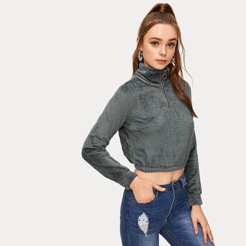 

Half Zipper Crop Teddy Sweatshirt, Grey