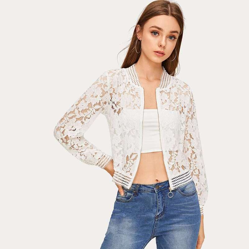 

Lace Zip Up Sheer Jacket, White