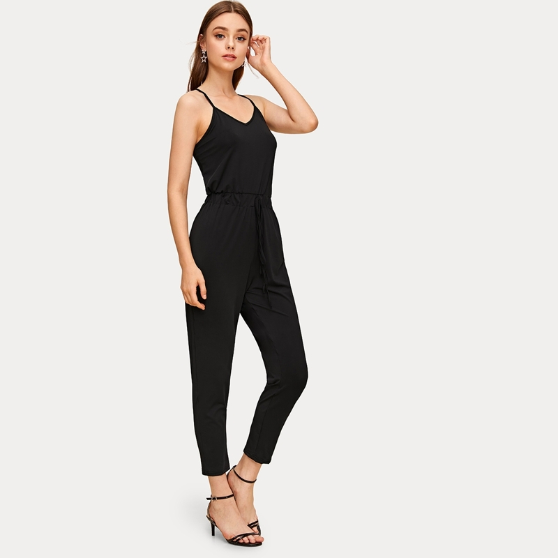 

Drawstring Waist Solid Cami Jumpsuit, Black