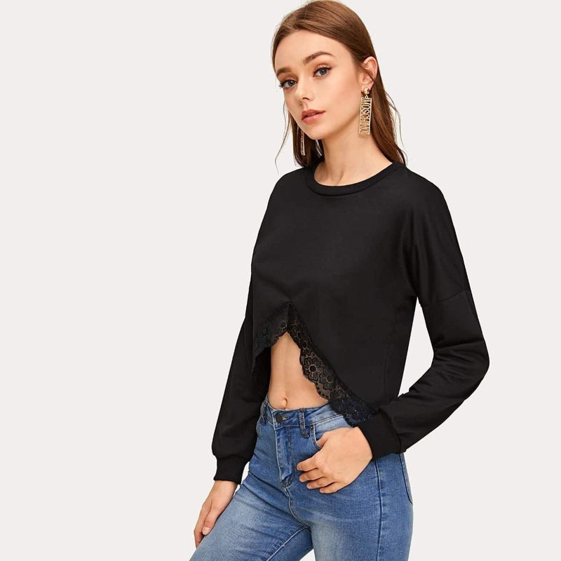 

Lace Panel V-cut Hem Sweatshirt, Black