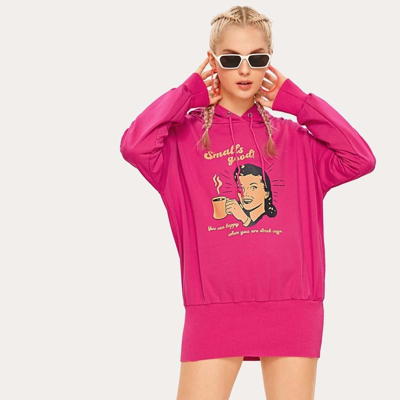 

Figure Print Drawstring Hooded Sweatshirt, Pink bright